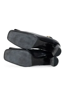 Roger Vivier square toe, 5cm heel pumps in black calf leather, with ankle strap and rectangular signature buckle in black and gold