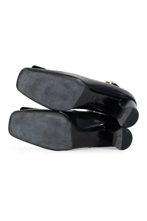 Roger Vivier square toe, 5cm heel pumps in black calf leather, with ankle strap and rectangular signature buckle in black and gold