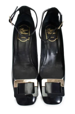 Roger Vivier square toe, 5cm heel pumps in black calf leather, with ankle strap and rectangular signature buckle in black and gold