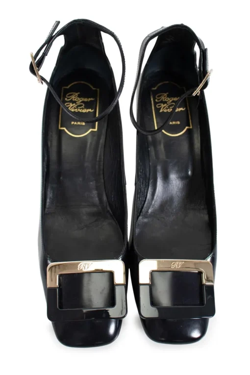 Roger Vivier square toe, 5cm heel pumps in black calf leather, with ankle strap and rectangular signature buckle in black and gold