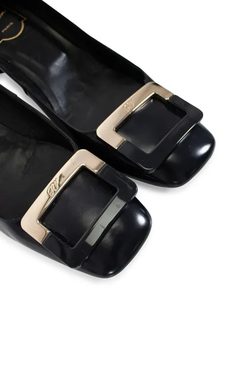 Roger Vivier square toe, 5cm heel pumps in black calf leather, with ankle strap and rectangular signature buckle in black and gold