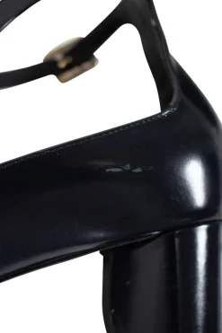 Roger Vivier square toe, 5cm heel pumps in black calf leather, with ankle strap and rectangular signature buckle in black and gold