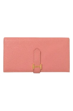 Rose tea calfskin leather Béarn Gusset long wallet with yellow gold-plated hardware