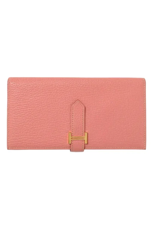 Rose tea calfskin leather Béarn Gusset long wallet with yellow gold-plated hardware