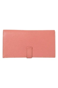 Rose tea calfskin leather Béarn Gusset long wallet with yellow gold-plated hardware