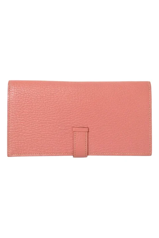 Rose tea calfskin leather Béarn Gusset long wallet with yellow gold-plated hardware