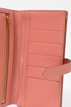 Rose tea calfskin leather Béarn Gusset long wallet with yellow gold-plated hardware