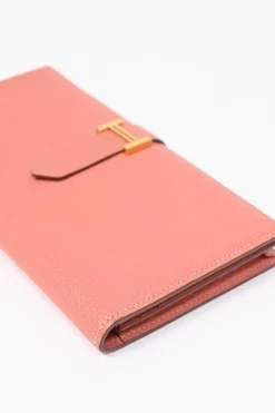 Rose tea calfskin leather Béarn Gusset long wallet with yellow gold-plated hardware