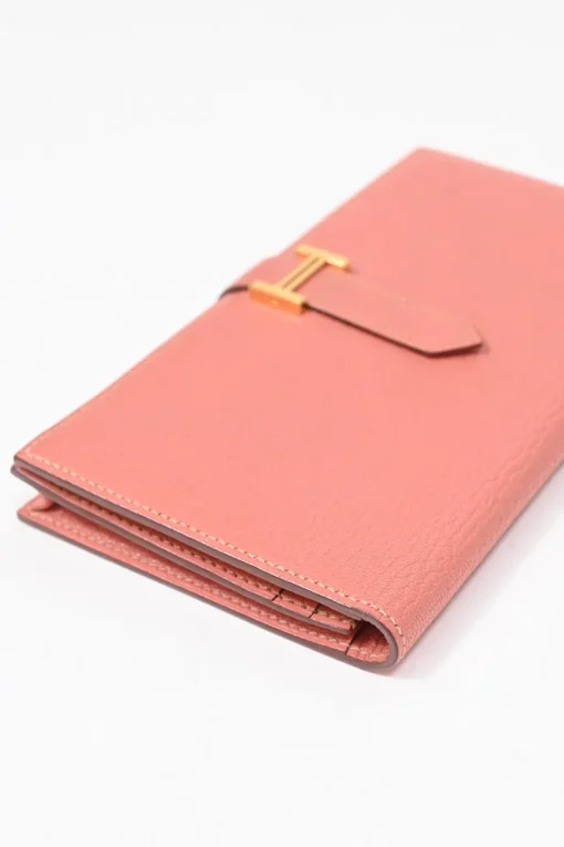 Rose tea calfskin leather Béarn Gusset long wallet with yellow gold-plated hardware