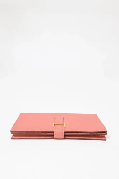 Rose tea calfskin leather Béarn Gusset long wallet with yellow gold-plated hardware