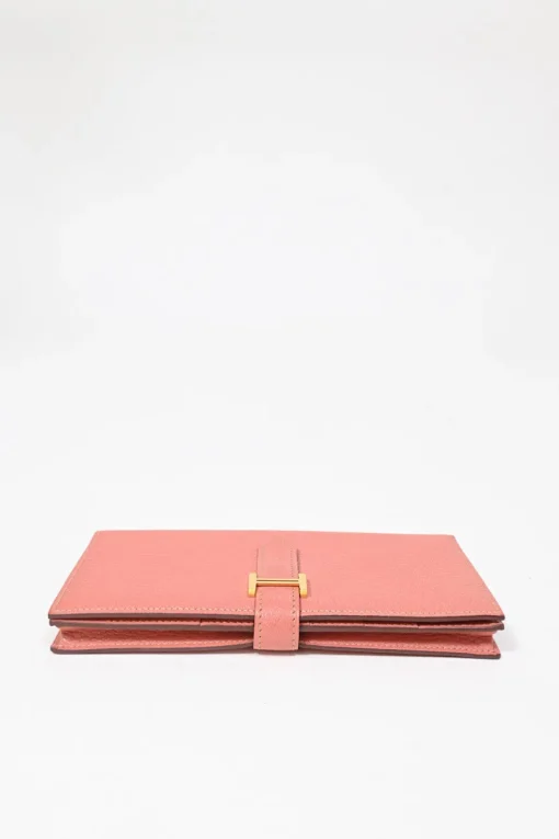 Rose tea calfskin leather Béarn Gusset long wallet with yellow gold-plated hardware