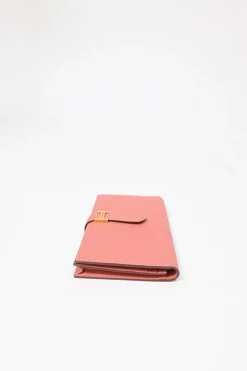 Rose tea calfskin leather Béarn Gusset long wallet with yellow gold-plated hardware