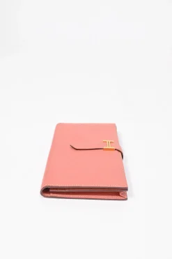 Rose tea calfskin leather Béarn Gusset long wallet with yellow gold-plated hardware