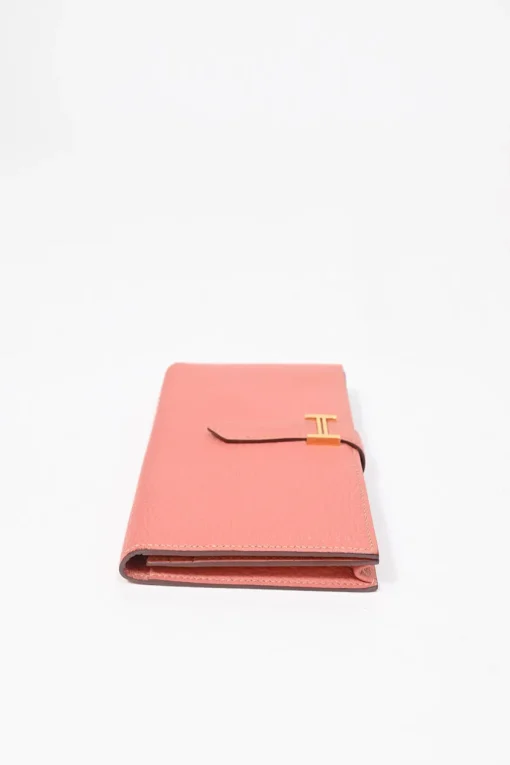 Rose tea calfskin leather Béarn Gusset long wallet with yellow gold-plated hardware