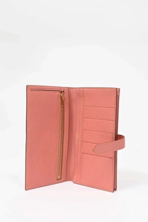 Rose tea calfskin leather Béarn Gusset long wallet with yellow gold-plated hardware