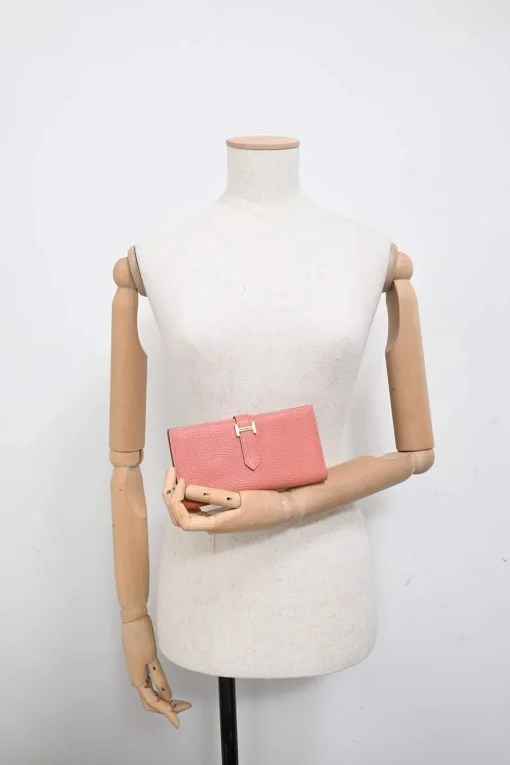 Rose tea calfskin leather Béarn Gusset long wallet with yellow gold-plated hardware