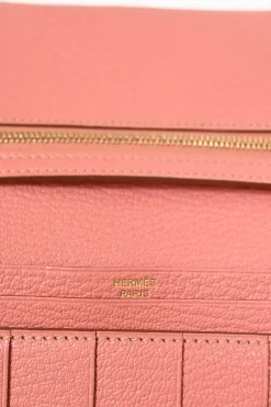 Rose tea calfskin leather Béarn Gusset long wallet with yellow gold-plated hardware