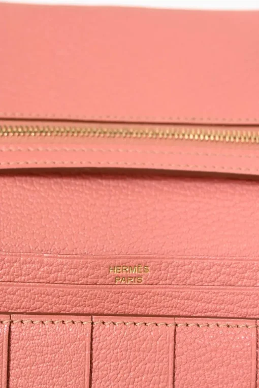Rose tea calfskin leather Béarn Gusset long wallet with yellow gold-plated hardware
