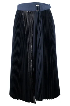 Sacai Black wool wrap-style pleated skirt with a high rise and a mid-length, navy waist and belt