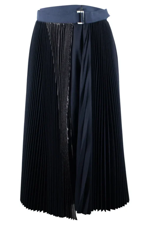 Sacai Black wool wrap-style pleated skirt with a high rise and a mid-length, navy waist and belt