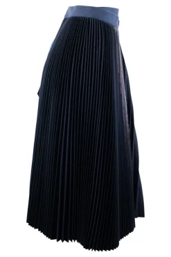 Sacai Black wool wrap-style pleated skirt with a high rise and a mid-length, navy waist and belt
