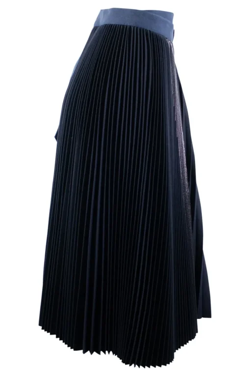 Sacai Black wool wrap-style pleated skirt with a high rise and a mid-length, navy waist and belt