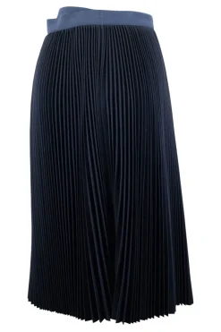Sacai Black wool wrap-style pleated skirt with a high rise and a mid-length, navy waist and belt