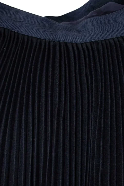 Sacai Black wool wrap-style pleated skirt with a high rise and a mid-length, navy waist and belt