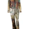 Safari lion prints leather zipper jacket and long pants set