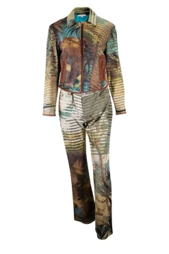 Safari lion prints leather zipper jacket and long pants set