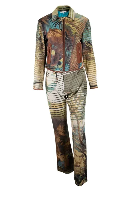 Safari lion prints leather zipper jacket and long pants set