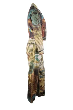 Safari lion prints leather zipper jacket and long pants set