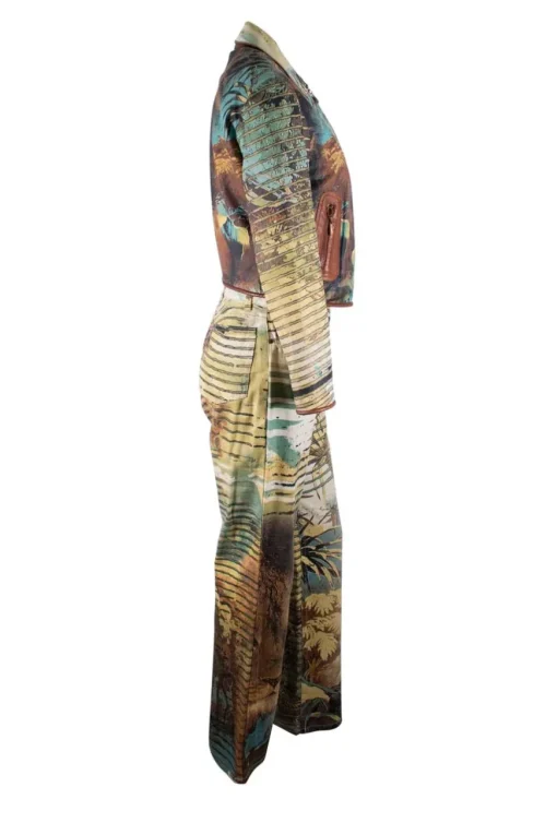 Safari lion prints leather zipper jacket and long pants set