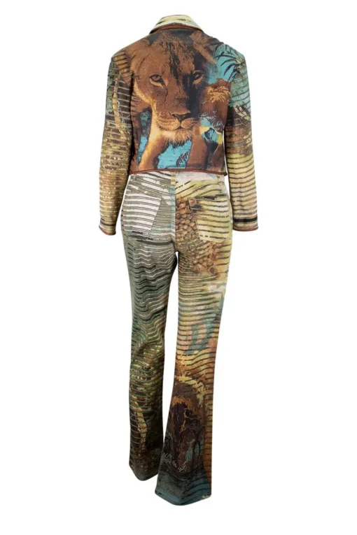 Safari lion prints leather zipper jacket and long pants set