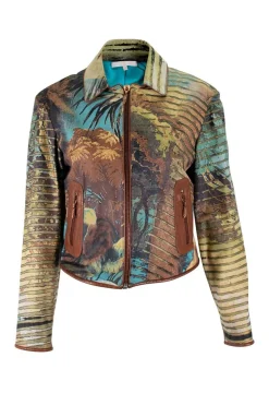 Safari lion prints leather zipper jacket and long pants set