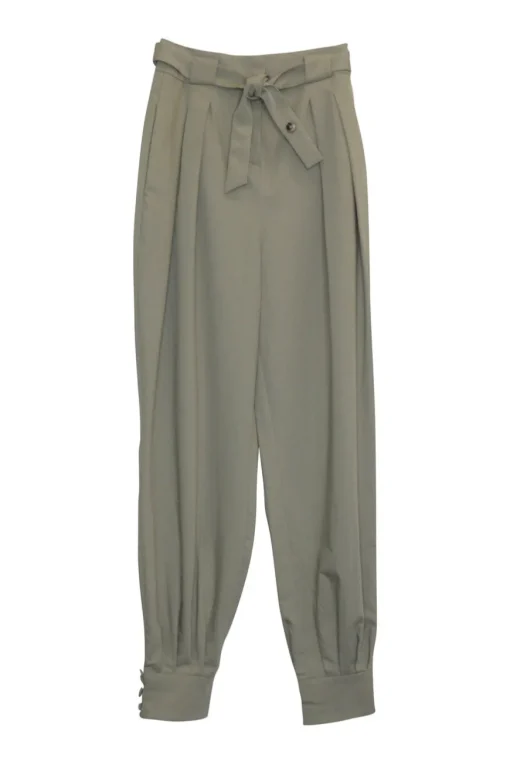 Sage polyester-blend crêpe pull-on belted Mika pleated trousers with tapered button cuffs