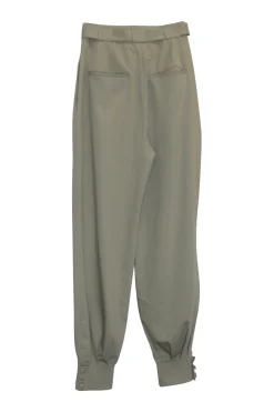 Sage polyester-blend crêpe pull-on belted Mika pleated trousers with tapered button cuffs