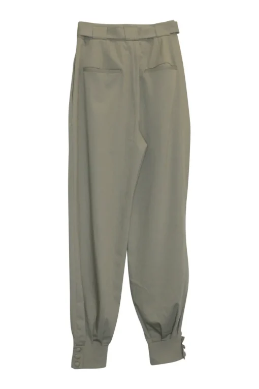 Sage polyester-blend crêpe pull-on belted Mika pleated trousers with tapered button cuffs