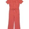 Salmon pink washed cotton-blend denim tie-waist Le Bardot short sleeve jumpsuit