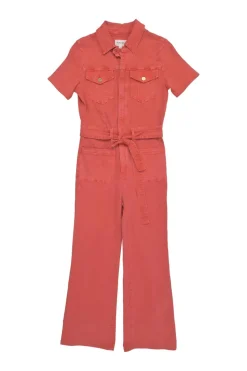 Salmon pink washed cotton-blend denim tie-waist Le Bardot short sleeve jumpsuit