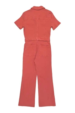 Salmon pink washed cotton-blend denim tie-waist Le Bardot short sleeve jumpsuit