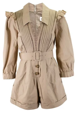 Sand cotton poplin romper with lace and belt