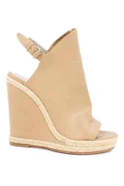Sand grained leather open toe slingback wedge