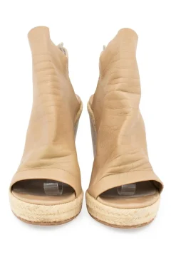 Sand grained leather open toe slingback wedge