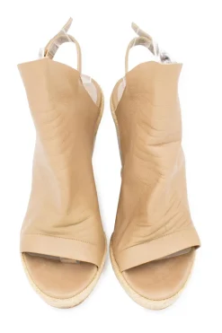 Sand grained leather open toe slingback wedge