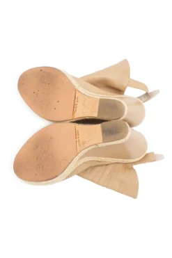 Sand grained leather open toe slingback wedge
