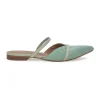 Seafoam green quilted satin and leather slip-on V-neck vamp mules with fixed mid-arch strap