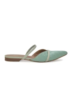 Seafoam green quilted satin and leather slip-on V-neck vamp mules with fixed mid-arch strap
