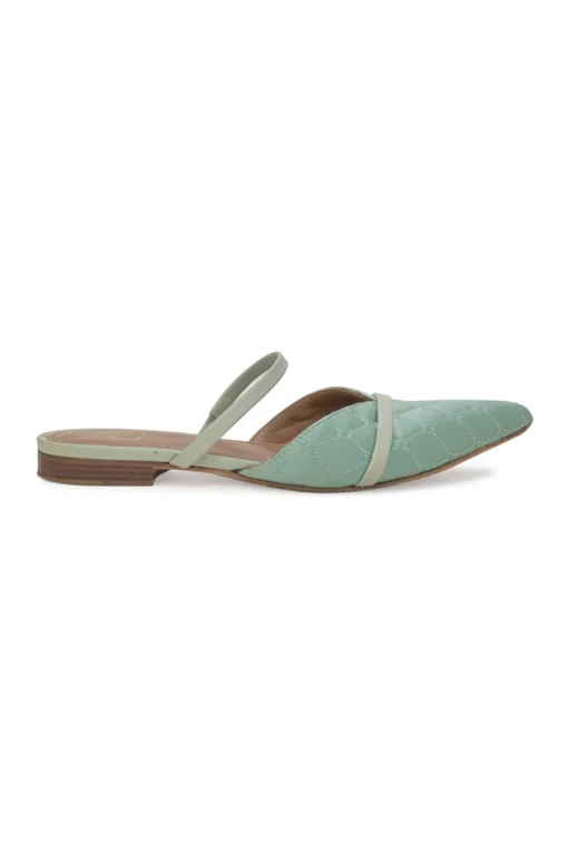 Seafoam green quilted satin and leather slip-on V-neck vamp mules with fixed mid-arch strap