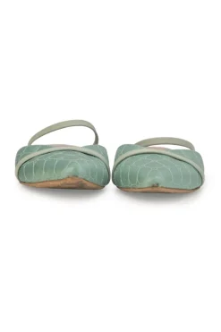 Seafoam green quilted satin and leather slip-on V-neck vamp mules with fixed mid-arch strap